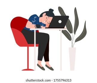 trabajadora cansada con ilustración vectorial portátil. Aburrida y dormida muchacha milenaria sentada en el lugar de trabajo cerca de la computadora sensación de somnolencia cansancio y cansancio después de un largo y duro día de trabajo