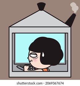Tired Woman is Working From Kettle Shaped Home Concept Card Character illustration