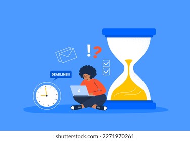 A tired woman working with a laptop. An overwhelmed person works overtime to meet a deadline. Overworked, and burnout concept. Flat-style vector illustration on the background.
