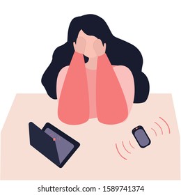 Tired woman working on laptop. Her smartphone is ringing. Stress in the office. Rush work. Professional burnout. Young exhausted female manager. Vector illustration. Isolated on white background