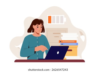A tired woman working on a laptop surrounded by folders and documents, in a flat design style, on a white background. Concept of burnout and low energy. Vector illustration