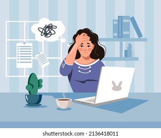 A tired woman in the workplace. A workaholic girl works at a computer. Overexertion, stressful work and emotional burnout. Vector illustration