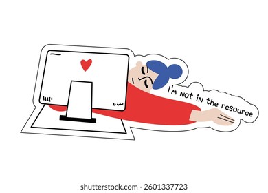 Tired Woman works at laptop computer. Freelancer taking notes. Flat vector illustration isolated on white background. Funny sticker