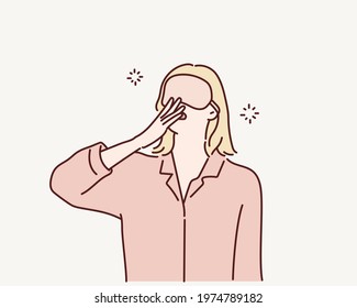 Tired Woman Yawning Covering Open Mouth With Hand Need Rest. Hand Drawn Style Vector Design Illustrations.