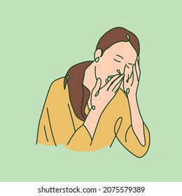 Tired woman yawning. Line art style vector illustration suitable for wellness or health content