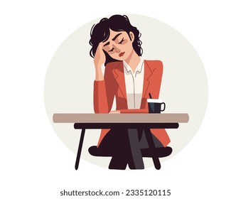 Tired women suffer from overwork, lack of energy, need for caffeine. Exhausted young woman sitting at the table and drinking coffee, feeling tired or sleepy, vector illustration.