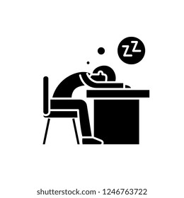 Tired at work black icon, vector sign on isolated background. Tired at work concept symbol, illustration 