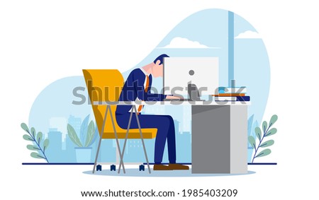 Tired of work - Depressed businessman sitting at his desk at job with head down. Burnout, depression and fatigue concept. Vector illustration with white background.