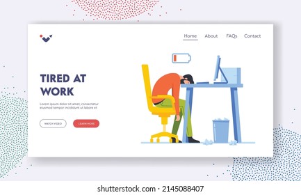 Tired at Work Landing Page Template. Overload Businessman Sleeping on Office Desk. Professional Burnout, Overwork Tiredness Fatigue, Business Problems, Depression Concept. Cartoon Vector Illustration