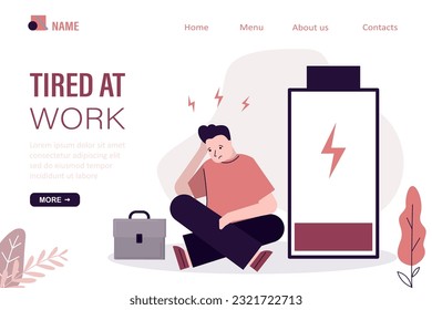 Tired at work, landing page template. Businessman sitting near low battery sign. Exhausted from hard work, stressed from unhealthy job, depression. Frustrated businessman, empty battery. flat vector