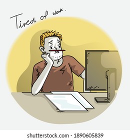 Müde von Arbeit. Der Mensch legt einen Stift auf seine Nase, macht ein lustiges Gesicht vor dem Computer.Handgezeichnete Vektordesign-Illustrationen.