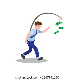 Tired Worker Chasing Money, Greedy Business Man In Cartoon Flat Illustration Vector Isolated In White Background