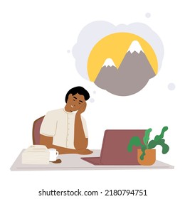 Tired worker with dream bubble with vacation picture. Emotional and physical burnout. Tired man sitting at the table with laptop and daydreaming. Mental health problem. Vector illustration concept