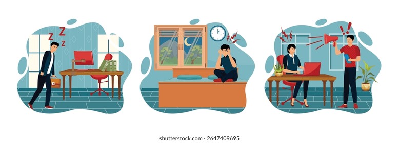 Um trabalhador cansado entra em um ambiente de escritório simbolizando a falta de sono. Homem sentado em sua cama segurando sua cabeça, mostrando sinais de angústia ou preocupação. Duas pessoas se envolvem em uma interação explicativa