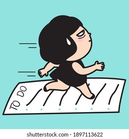 Tired Worker Girl Running On To Do List Paper. Job Burnout Concept Card Character illustration