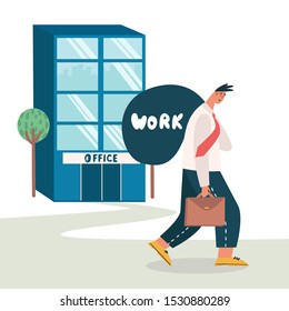 Tired worker goes away from office and brings work home. Tired, exhausted employee dealing with overly demanded boss. Unrealistic expectations, deadline, stress disorder at work concept. 