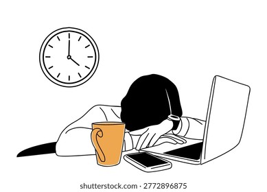 Tired worker rests head on keyboard. Clock shows late hour, stress evident. Cup of tea beside phone and laptop. Simple line art style conveys fatigue. Perfect for work-life balance themes