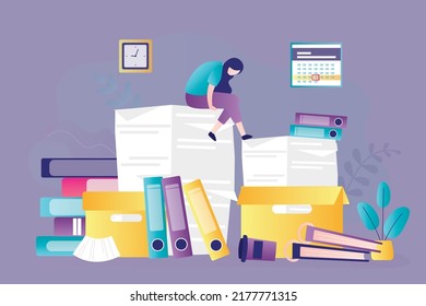 Tired worker sits on mountain of documents and folders. Employee with huge amount of paperwork. Boss overloads manager with work. Exhausted girl working until night in office. Flat vector illustration