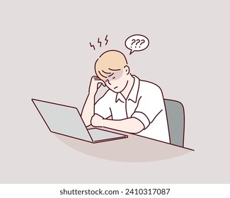 A tired worker is sitting at the table. Hand drawn style vector design illustrations.