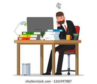 A tired worker is sitting at the table. Vector flat illustration.