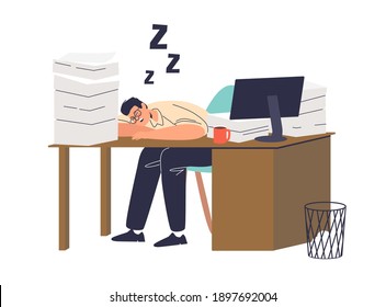 Tired worker sleeping at office desk. Male manager exhausted and overworked. Professional burnout and stress at work concept. Flat cartoon vector illustration