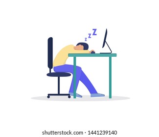 Tired  worker sleeps at the workplace, boring work, unscrupulous worker, exhausting job