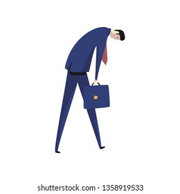 Tired worker in suit on white background.