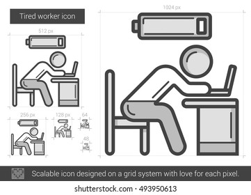 Tired worker vector line icon isolated on white background. Tired worker line icon for infographic, website or app. Scalable icon designed on a grid system.