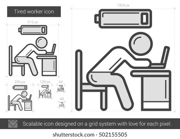 Tired worker vector line icon isolated on white background. Tired worker line icon for infographic, website or app. Scalable icon designed on a grid system.