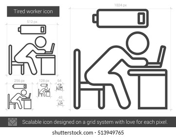 Tired worker vector line icon isolated on white background. Tired worker line icon for infographic, website or app. Scalable icon designed on a grid system.