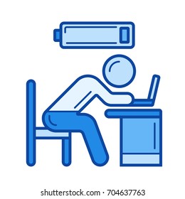 Tired worker vector line icon isolated on white background. Tired worker line icon for infographic, website or app. Blue icon designed on a grid system.