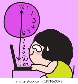 Tired Working Girl With Falling Clock Numbers From Wall Clock. Employees Who Work Long Hours Experience Numerous Mental, Physical And Social Effects Concept Card Character illustration