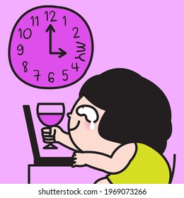 Tired Working Girl With A Glass Of Wine In Hands Bursts Into Happy Tears While Looking At Word My On Wall Clock. My Precious Time After Work Concept Card Character illustration