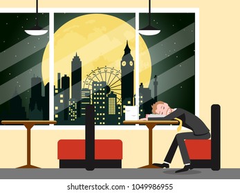 tired working guy fall a sleep at the restaurant in london