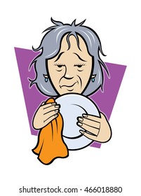 A Tired, Worn Out Older Woman Washing Dishes By Hand, Vector Illustration.