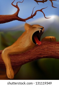 tired yawning lioness lying on the tree