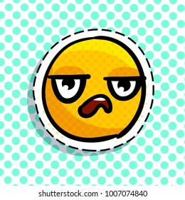 Tired yellow emoji on dots background. Smail in pop art style. Vector illustration.