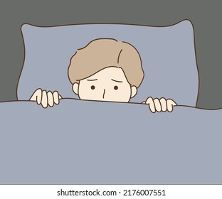 Tired Young boy with insomnia problem. Sleepy Child lay in bed cover with blanket. Sleep problem concept. Hand drawn cartoon style vector illustration.
