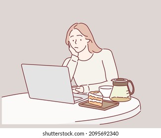 tired young businesswoman sitting at the table with laptop computer while sleeping at a cafe. Hand drawn style vector design illustrations.