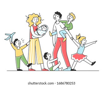 Tired young family with many children flat vector illustration. Father and mother exhausted under life routine. Kids playing up. Big family and lifestyle concept