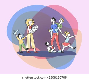 Tired young family with many children flat vector illustration. Father and mother exhausted under life routine. Kids playing up. Big family and lifestyle concept