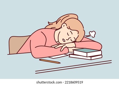 Tired young female student fall asleep on desk distressed with studying. Exhausted girl sleep on table suffer from exhaustion and fatigue learning. Vector illustration. 