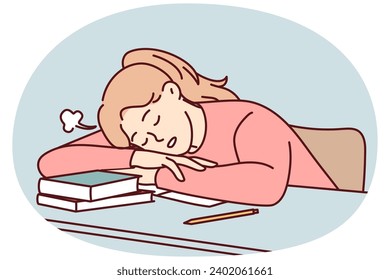 Una joven estudiante cansada se queda dormida en el escritorio angustiada por estudiar. Las muchachas exhaustas duermen sobre la mesa sufren de agotamiento y fatiga aprendiendo. Ilustración vectorial.