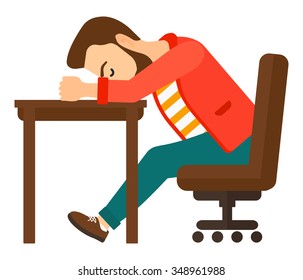 A tired young hipster man with the beard sleeping on table vector flat design illustration isolated on white background. Square layout.