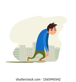 Tired young man against background of the city. Joyless guy plod on gray street. Vector illustration with weary character. Emotional condition.