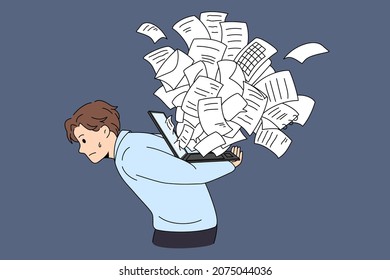 Tired young man carry laptop overwhelmed with online notification. Exhausted male frustrated with mail spam or scam on internet on computer. Social media. Technology. Flat vector illustration. 