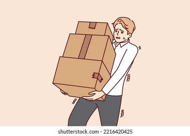 Tired young man carrying stack of boxes. Exhausted male carrier with pile of cardboard packages. Delivery concept. Vector illustration. 