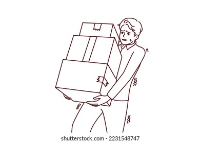 Tired young man carrying stack of boxes. Exhausted male carrier with pile of cardboard packages. Delivery concept. Vector illustration. 