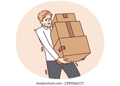 Tired young man carrying stack of boxes. Exhausted male carrier with pile of cardboard packages. Delivery concept. Vector illustration.