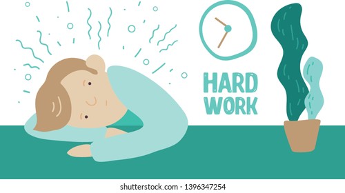 Tired Young Man at Hard Work Vector Illustration